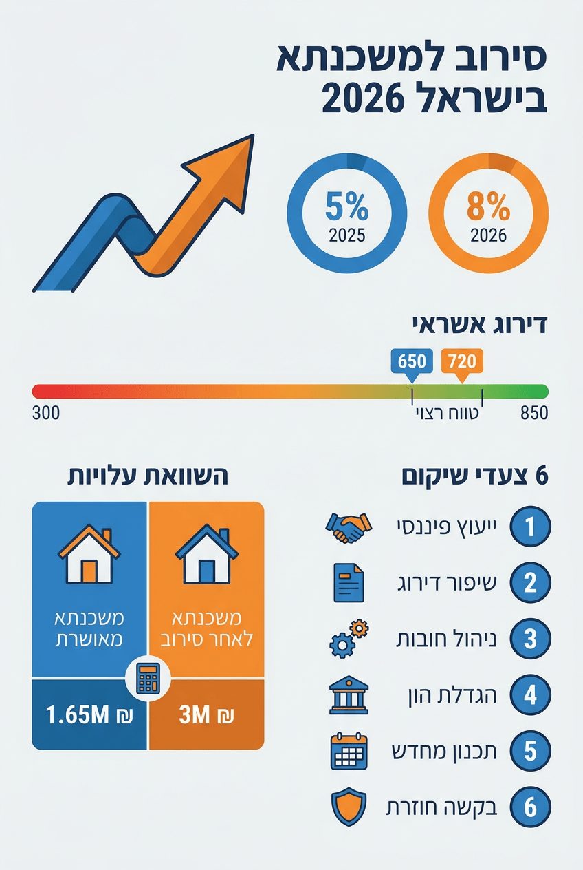 אינפוגרפיה מסורבי משכנתא 2026 – דירוג אשראי, עלויות ושלבי שיקום | יעדים ביטוח
